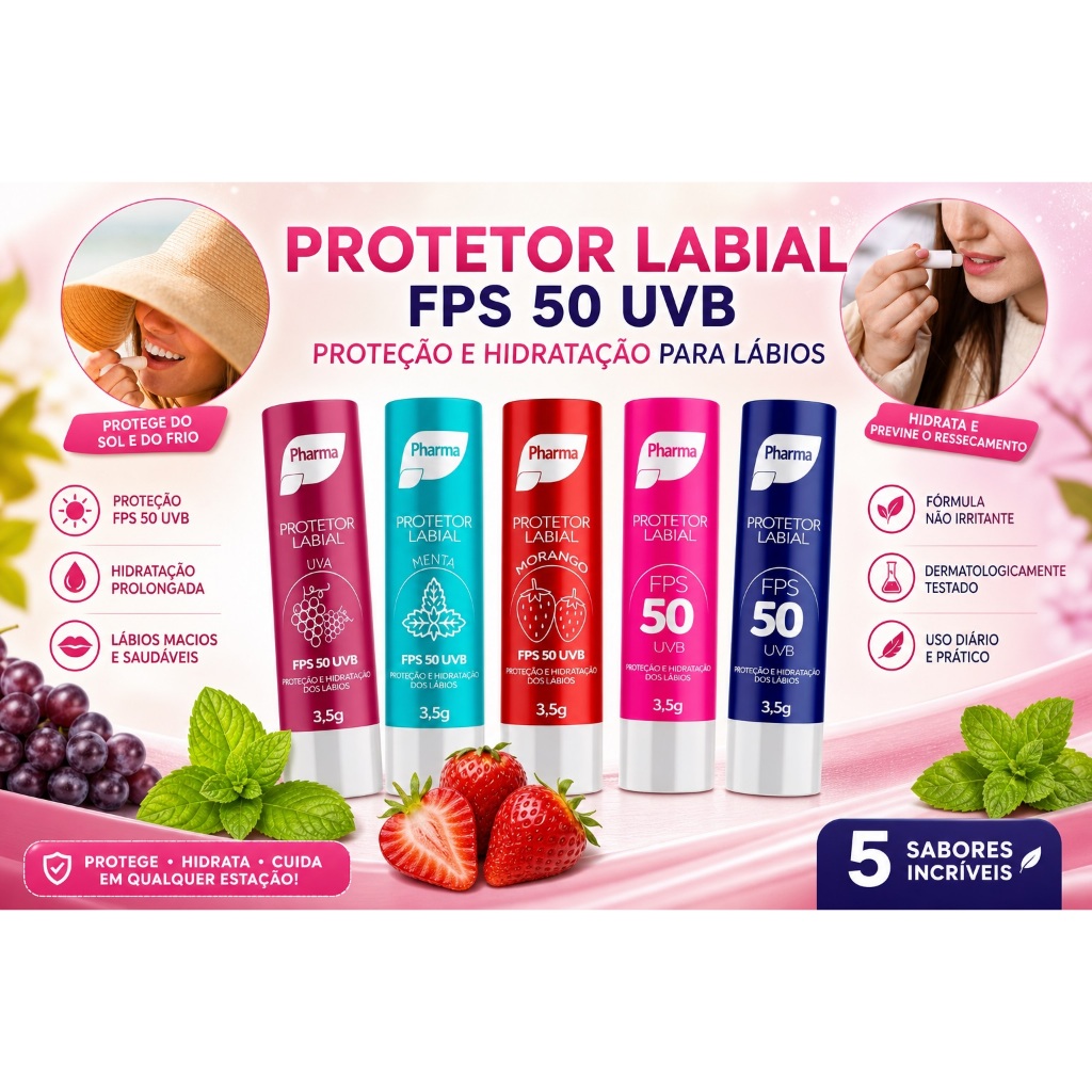Kit 3 Protetor Labial FPS 50 Pharma 3,5g | Hidratação + Proteção UVB