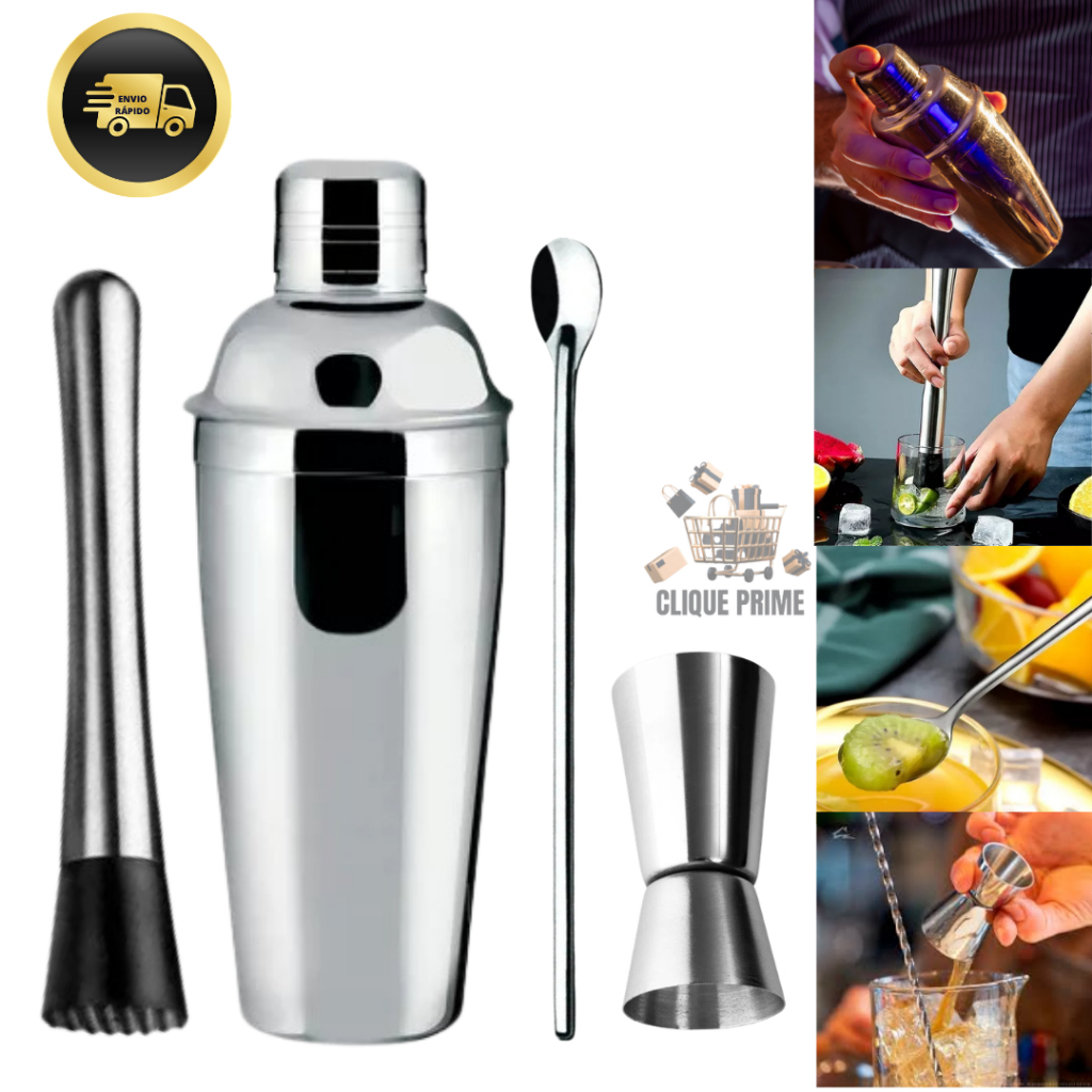 Kit Combo Bar 4 Peças Coqueteleira INOX socador dosador duplo e colher de suco  para Bares Restaurantes