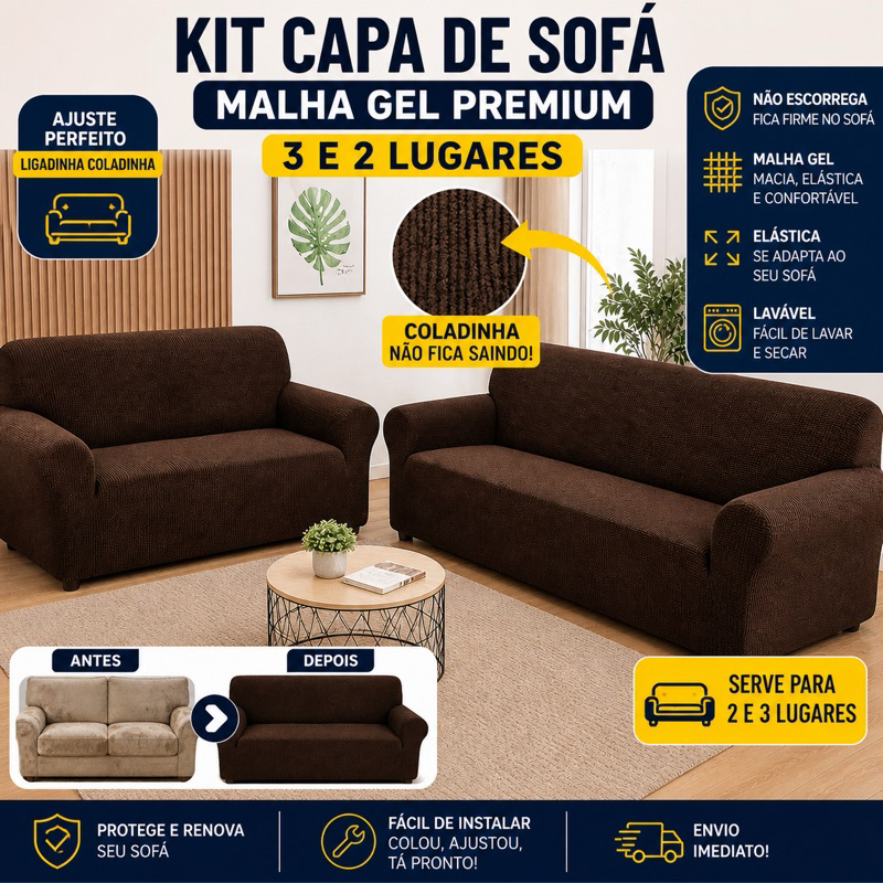 Capa de Sofá 3 e 2 Lugares Coladinha Ligadinha Lisa Elástica Malha Gel Grossa Resistente Ajustável