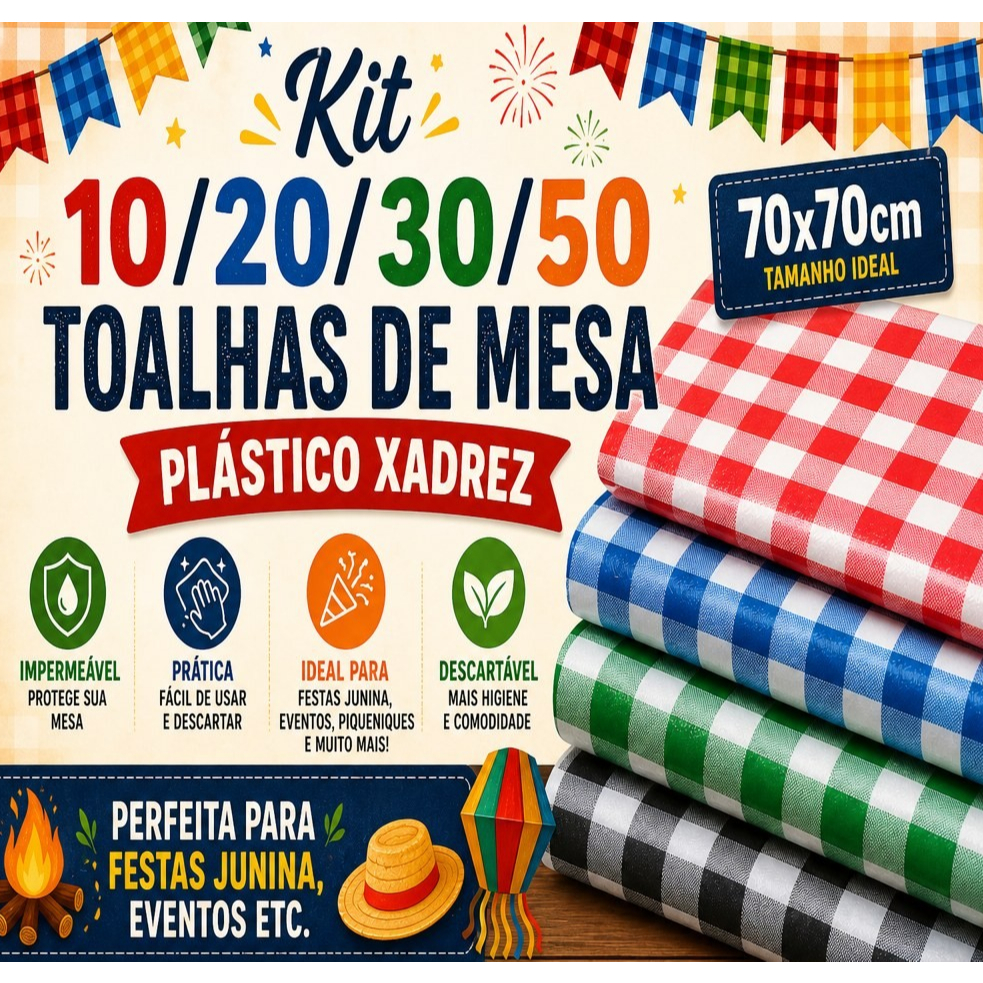Kit 10/20/30/50 toalhas de Mesa Plástico Xadrez 70x70cm Descartável, para Festas junina, eventos etc