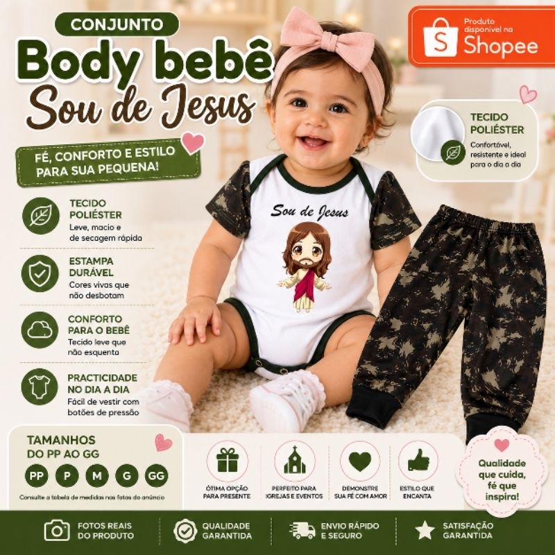 Conjunto Body Bebê Sou de Jesus Camuflado com Calça Estampa Evangélica Body bebê Sou de Jesus