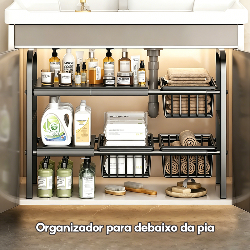 Prateleira sob a pia Estante de armazenamento para cozinha Economiza espaço Extensível