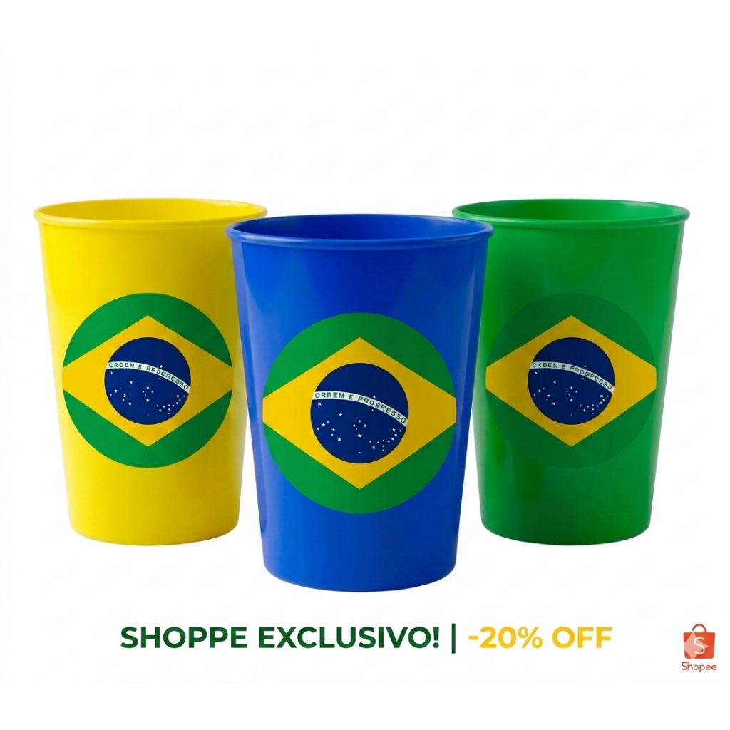 KIT 20-30-50 COPOS DE PLÁSTICO 380ML REUTILIZÁVEL E RESISTENTE COM BANDEIRA DO BRASIL COPA DO MUNDO