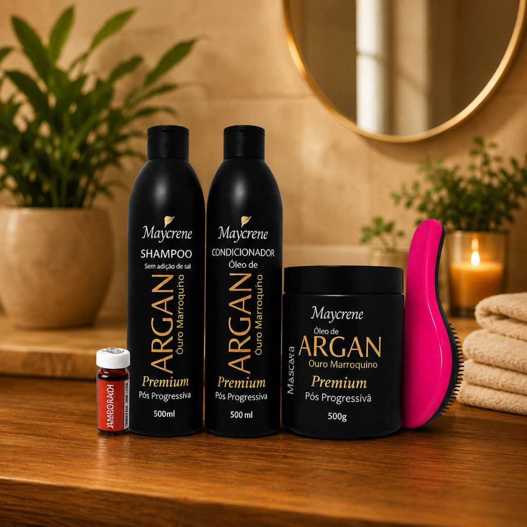 Kit de Tratamento Pós Progressiva Óleo de Argan Shampoo,Condicionador,Máscara Sem Sal Escova Magica