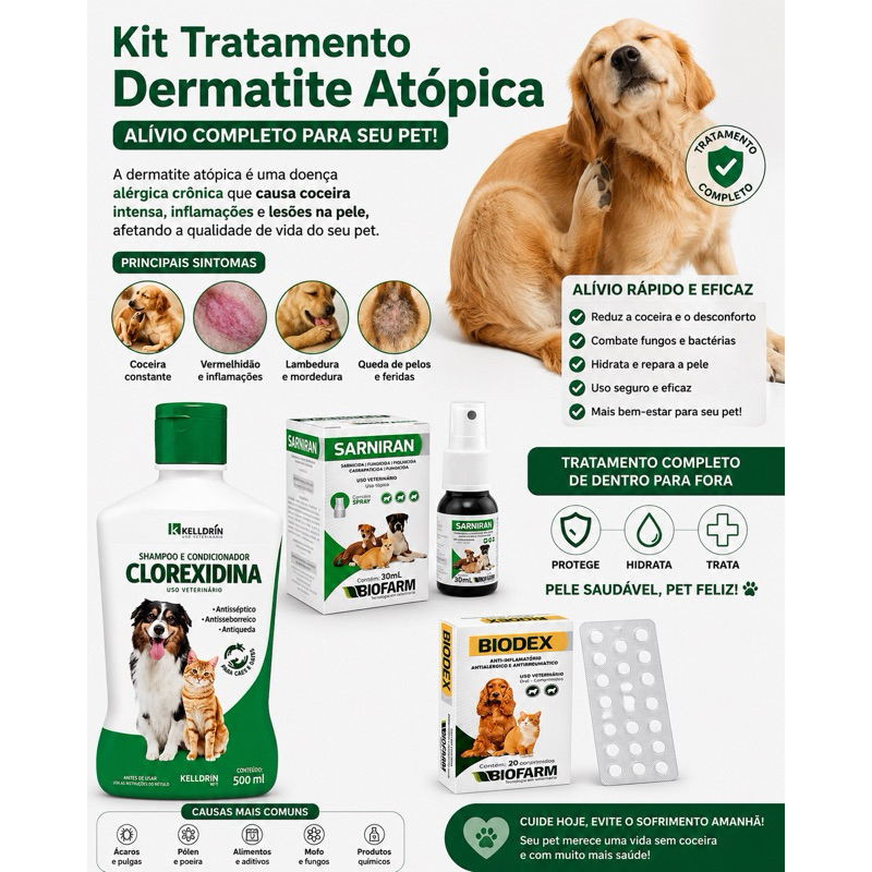 Kit Shampoo Clorexidina 5 em 1 - 500ml - Kelldrin + Biodex 20 Comprimidos + Sarniran 30ml