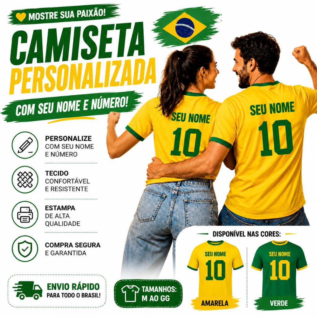 Camiseta do Brasil Personalizada Unissex verde e amarela Camisa de Algodão Premium 2026