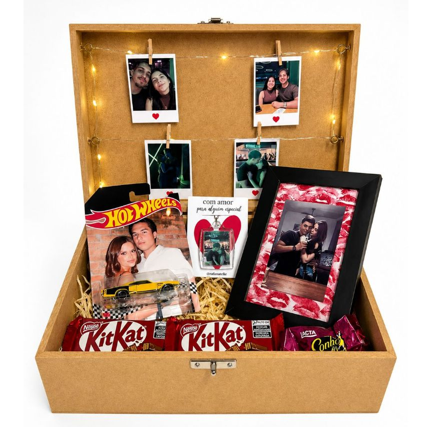 Caixa de Presente Para Namorados MDF com LED/Doces/Porta Retrato/Chaveiro/Hot Wheels/Polaroides