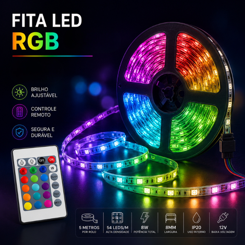 Fita de LED RGB 15M Colorida - Decoração Gamer e Casa, 16 Cores com Controle e Fonte Inclusa IP65