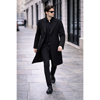 Casaco Longo Masculino Com Lapela Entalhe Duplo Breasted , Sobretudo Casual De Inverno , De Lã Para Homens
