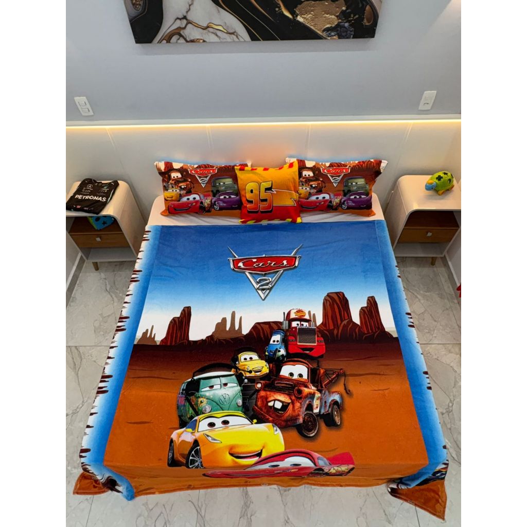 Manta Casal Com Fronha E Almofada Carros, Cobertor Fleece 4pç , Relampago Mcqueen