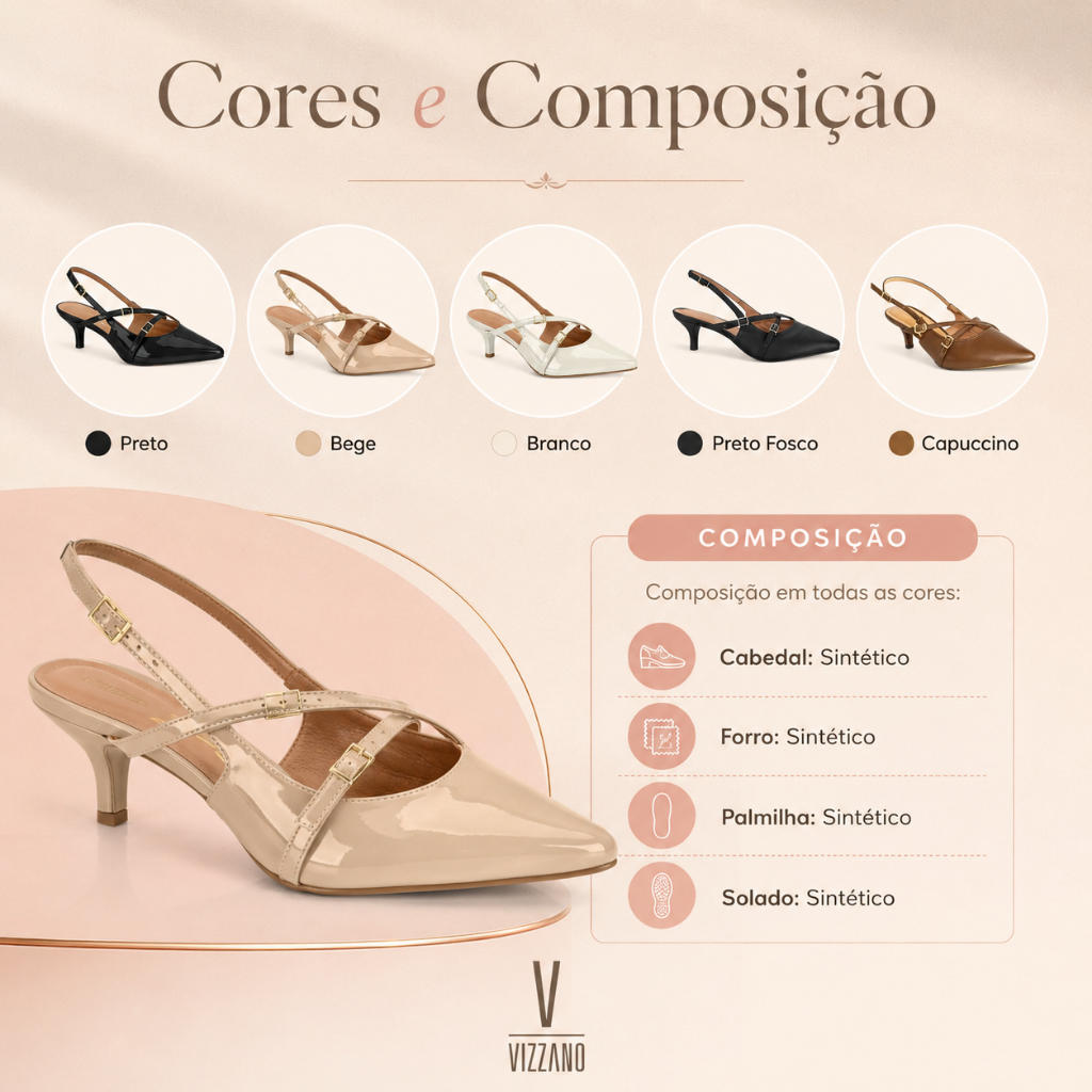 Scarpin Feminino Vizzano Slingback Salto Baixo 6 cm Bico Fino Verniz Confortável Elegante e Versátil · foto 2