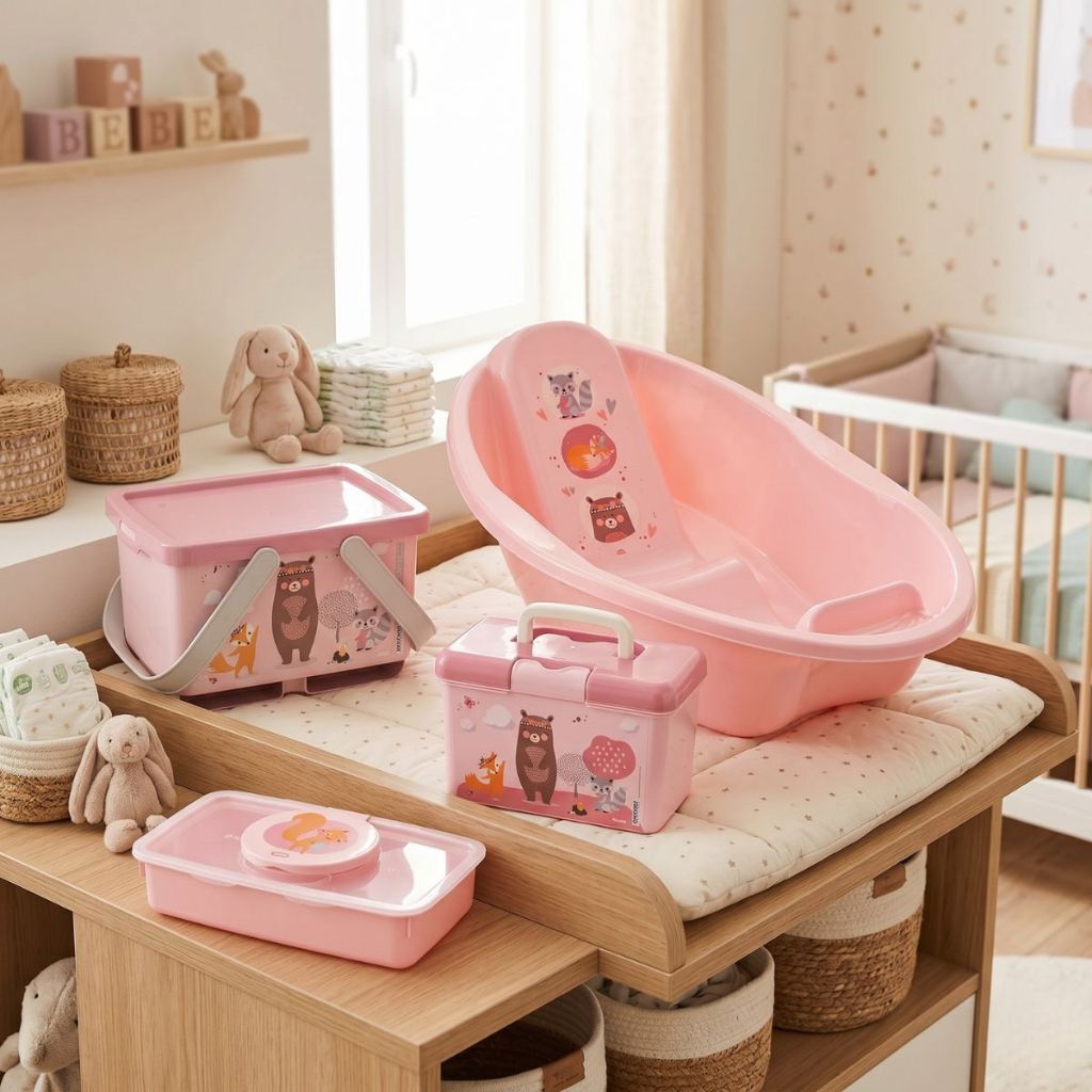 Kit Banho Bebê Raposinha Banheira 24L + kit Higiene Porta Fraldas Lenço e Remédios