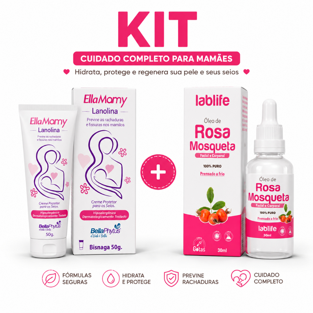 Kit 1x Ellamamy Lanolina 50G + 1x Óleo De Rosa Mosqueta 30Ml Hidrata Pele Seios Estrias