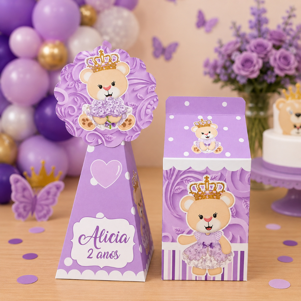 Kit Personalizado Ursinha Princesa Lilás | Lembrancinhas Festa Infantil | Caixinhas | Aniversário