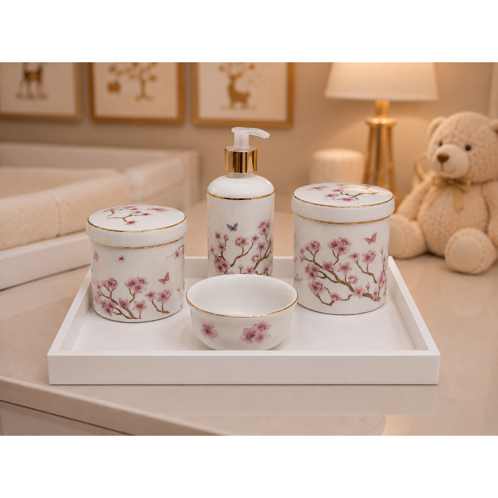 Kit Higiene Bebe Menina 4 Peças Porcelana  Bandeja MDF Flor De Cerejera Delicado Nene