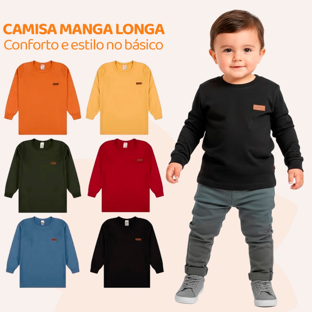 Kit 3 ou 5 Camisetas Manga Longa Infantil Bebê Menino Básica Lisa Casual Manga Comprida 100% Algodão