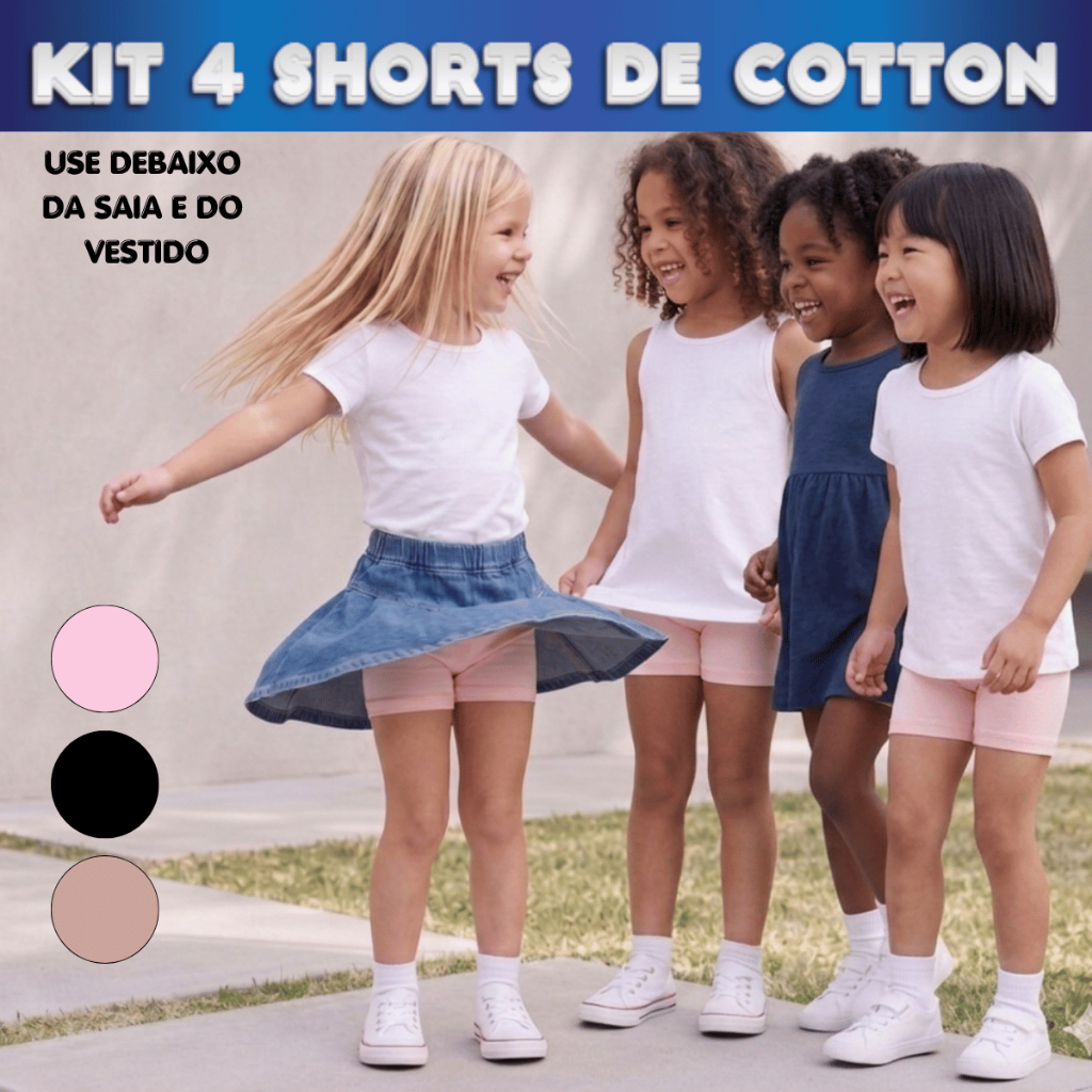 Kit 4 Shorts Cotton Curto Usar debaixo de Saia e Vestido Algodão Seguro Meninas Ballet Jazz Confoto