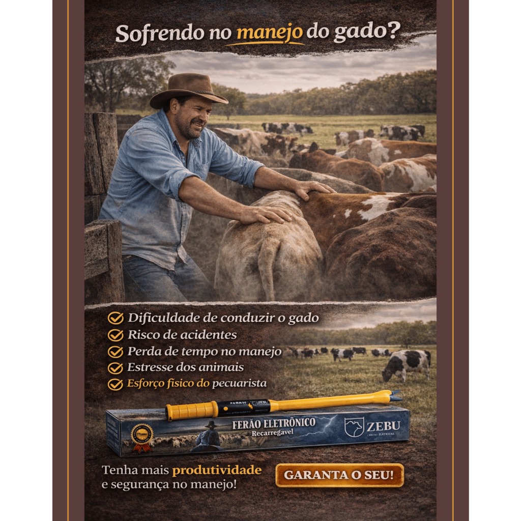 Ferrão Eletrônico Recarregável Zebu - Prático e Portátil para Bovinos e Suínos