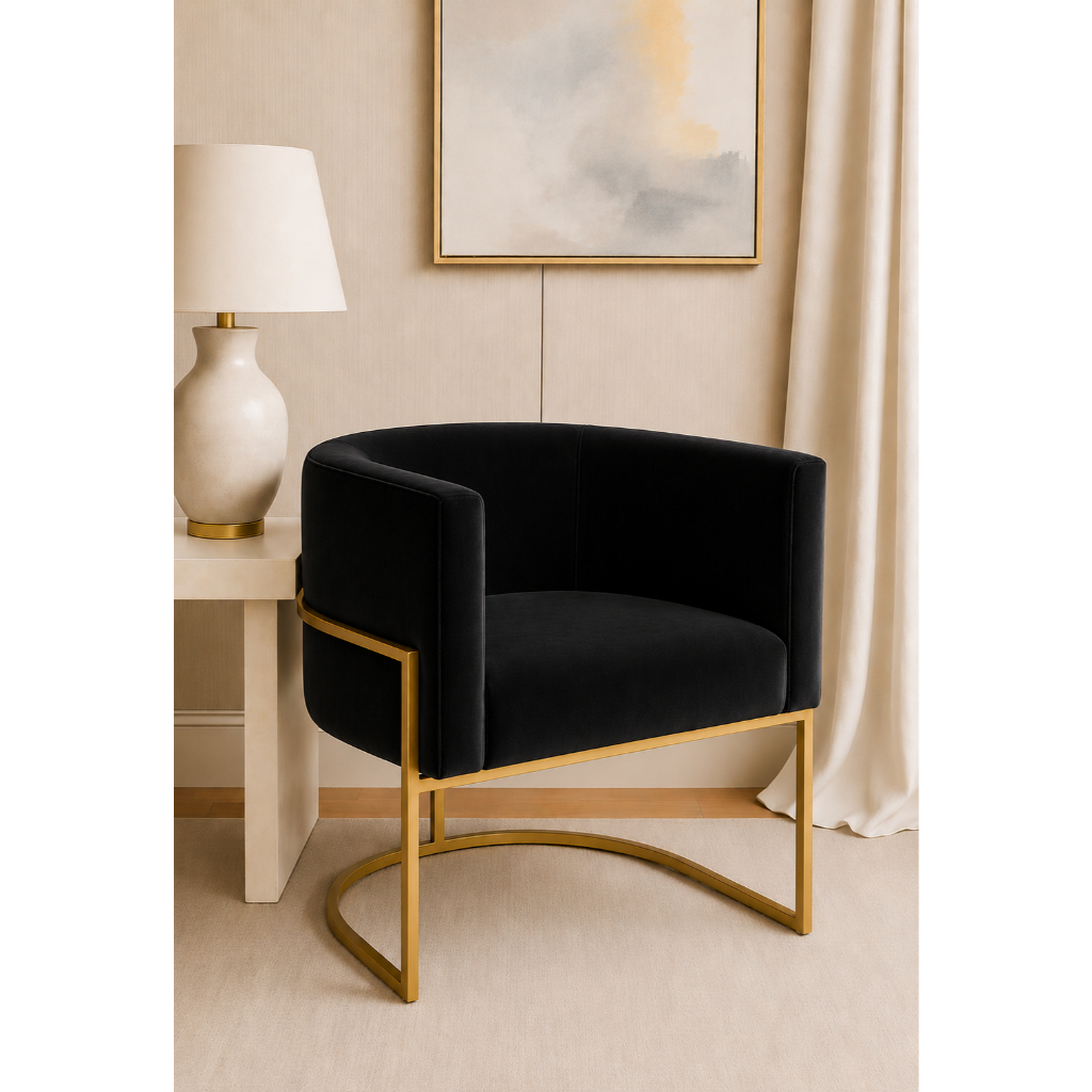 Poltrona Luna Luxo - Suede Preto e Base Dourada. Sala, Salão, Escritorio e Sala de Jantar