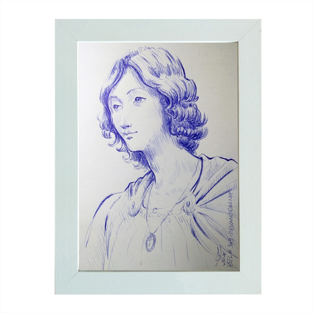 Quadro desenho original caneta azul Anjo Gabriel a5 moldurado assinado arte original reel #369