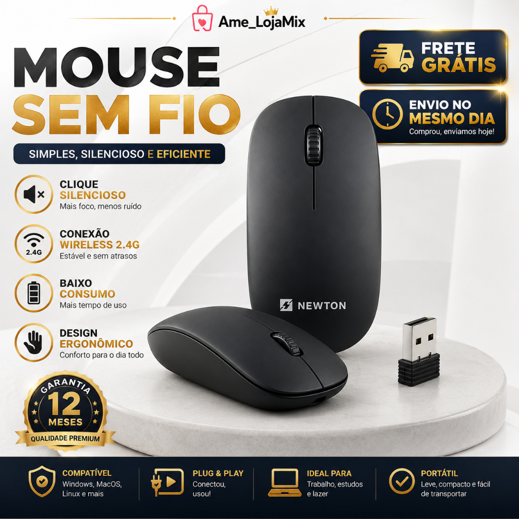 Mouse Sem Fio Wireless 2.4GHz USB Silencioso Ergonômico Portátil Notebook PC Slim