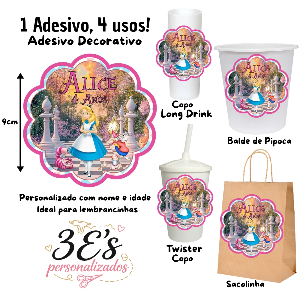 Alice No Pais Das Maravilhas Mod.02 Adesivo Personalizado Sacolinha Balde Copo Twister e Long Drink