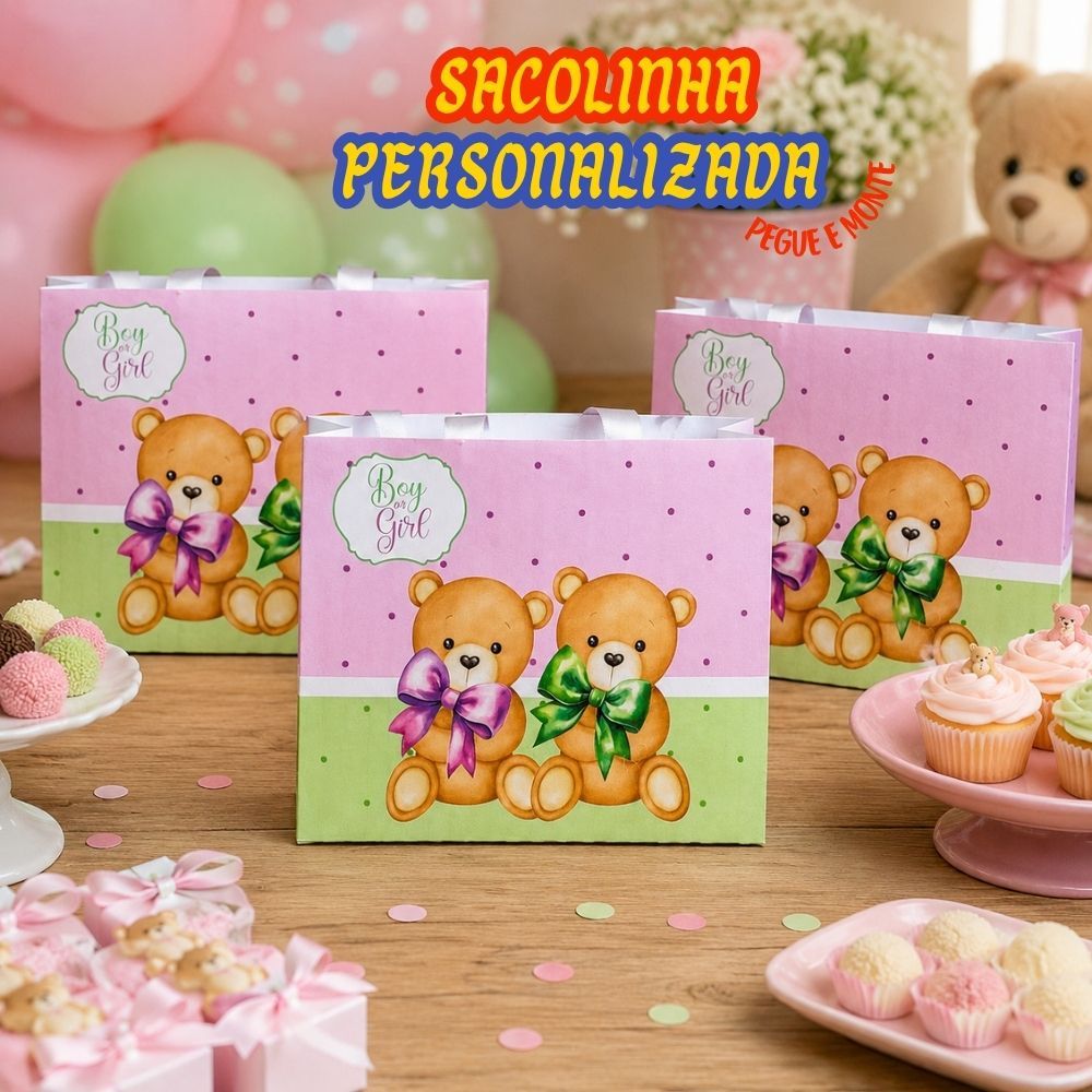 Kit Sacolinhas Personalizadas TEMA URSINHOS LÌLAS E VERDE-CHÀ REVELAÇÃO (20x15x5cm)