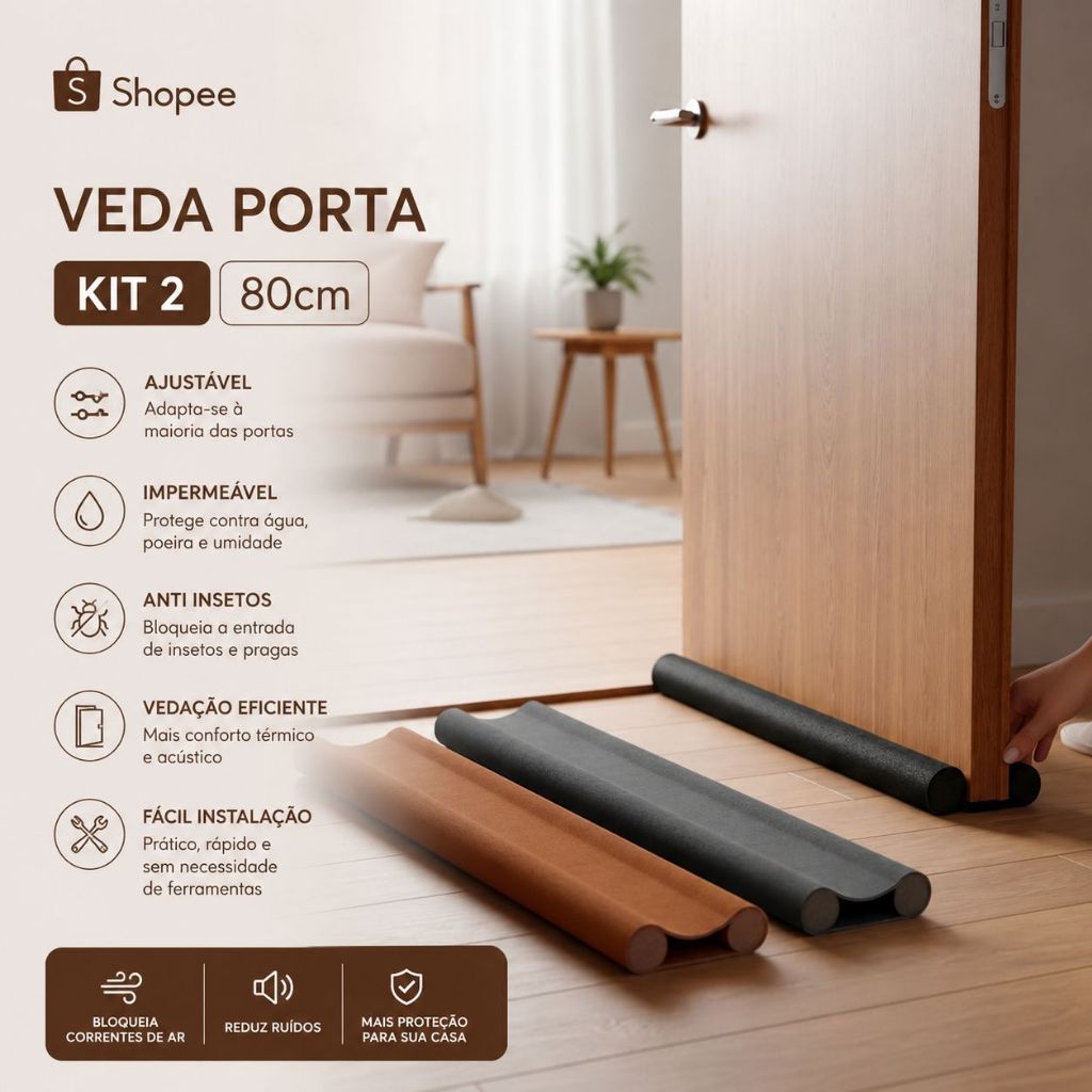 Kit 2 Veda Porta Proteção Protetor de Porta Rolinho Impermeável Duplo 80cm Comprimento