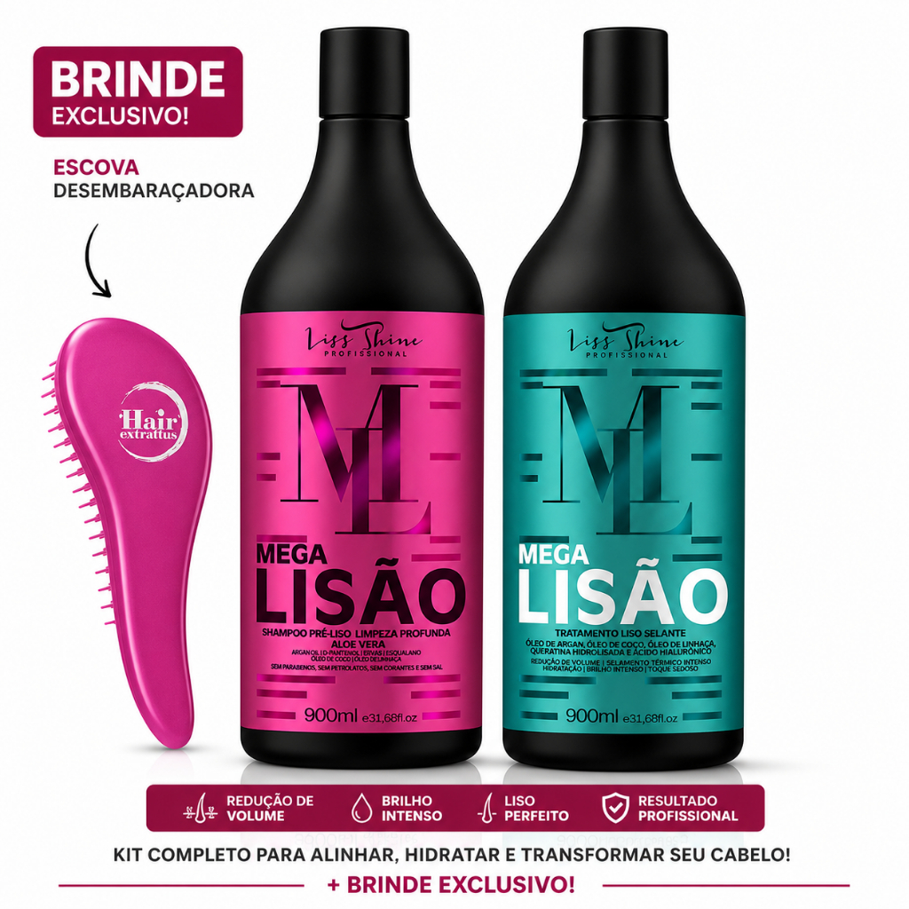 Progressiva Mega Lisão Shine | Shampoo Pré-Liso + Selante Redutor de Volume + Escova de brinde