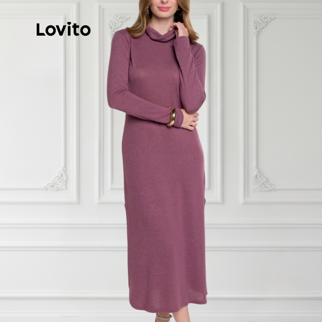 Lovito Vestido Feminino Tricozinho Manga Longa Gola Alta DRB19111941