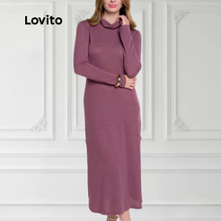 Lovito Vestido Feminino Tricozinho Manga Longa Gola Alta DRB19111941