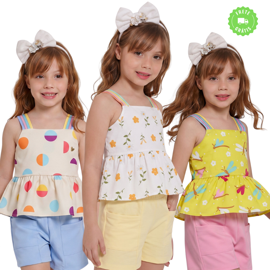 Conjunto infantil Menina Acabamento Premium Blusa e Shorts Não Fica Transparente do 4 ate 10 anos