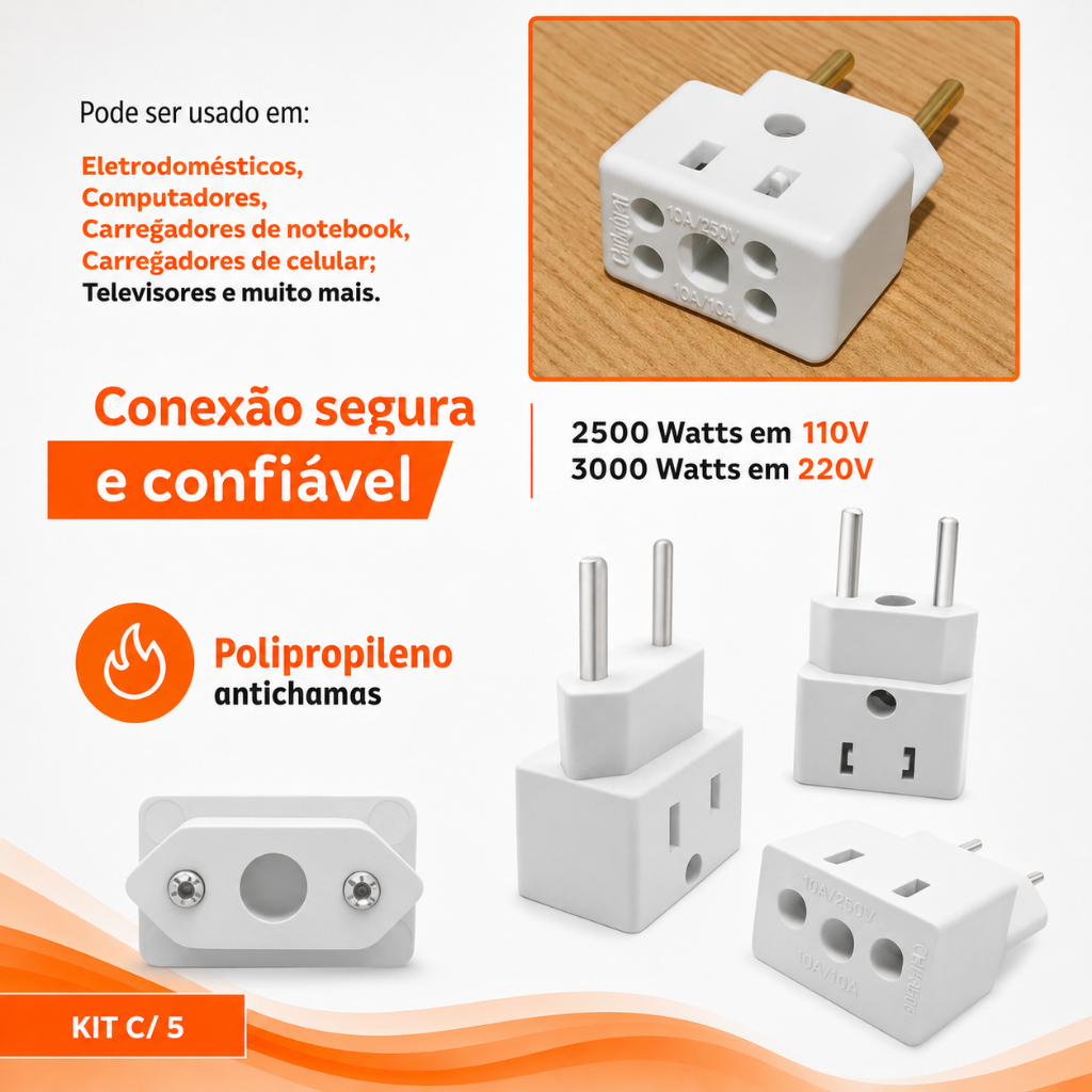 Detalhes do Adaptador de Tomada Benjamin 10A/20A Pino Maciço Bob Resistente