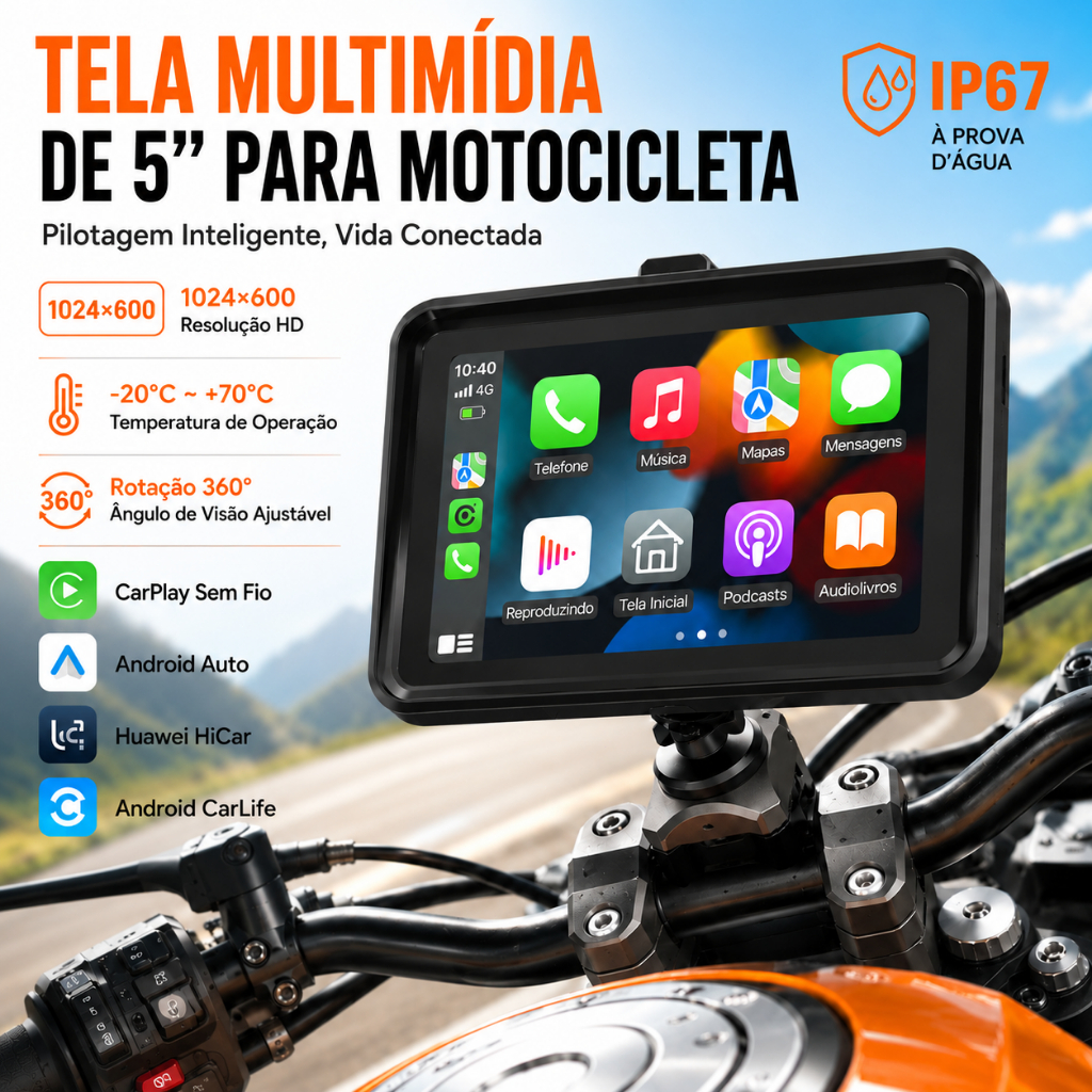 Central Multimídia MP5 5" para Moto Bluetooth CarPlay Android Auto IP67 - Tela Touch Universal