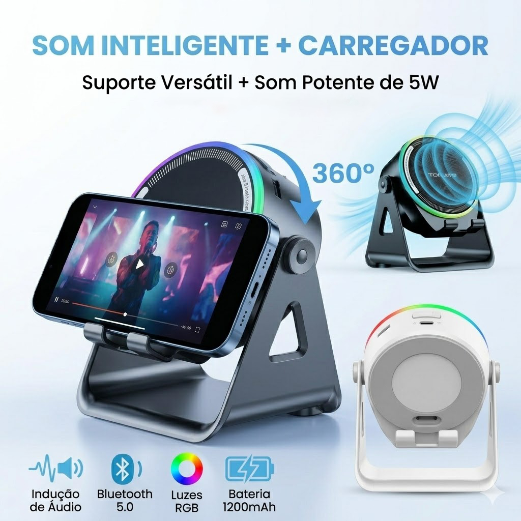 Caixa de Som por Indução Sem Fio com Suporte para Celular Bluetooth Bateria 5-8h Som Amplificado