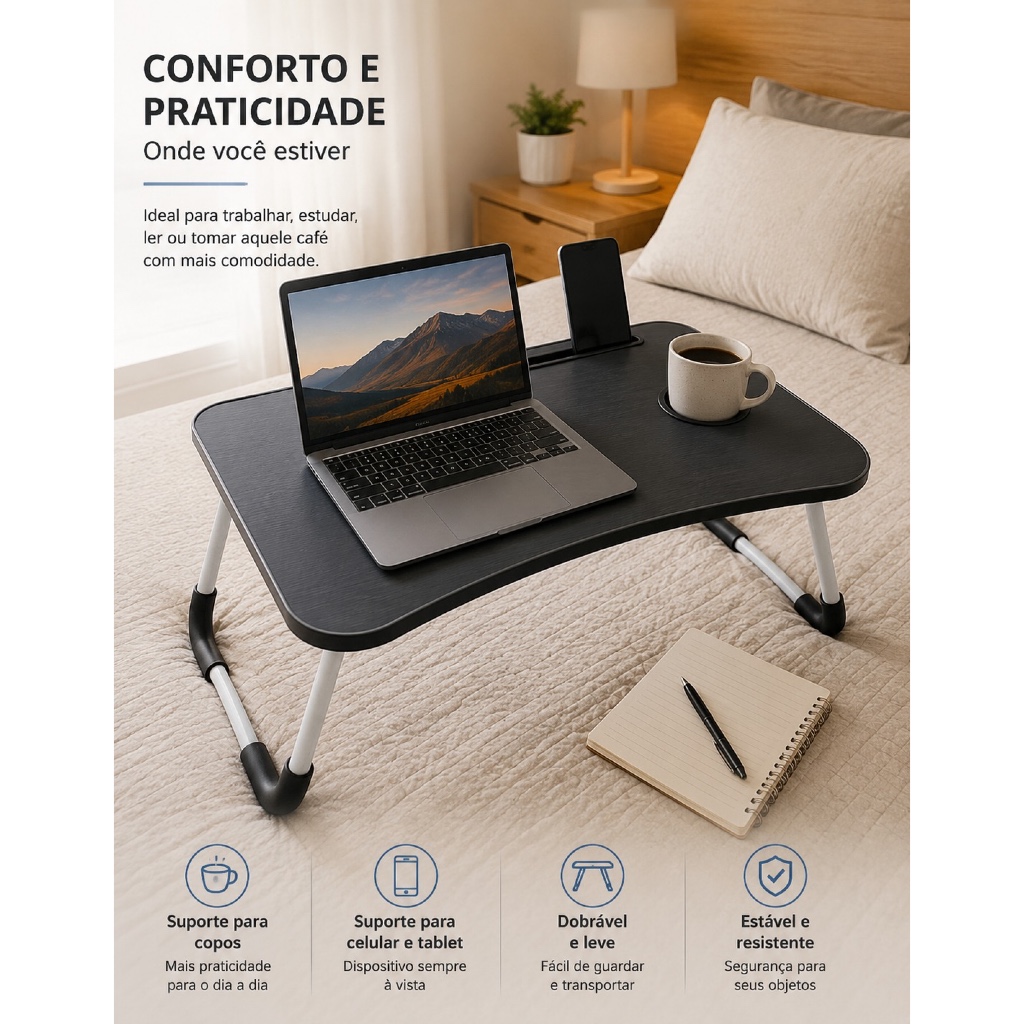 Mesa Portátil Notebook Perna Dobrável Articulada Home Office Cama Refeição Suporte Para Copo