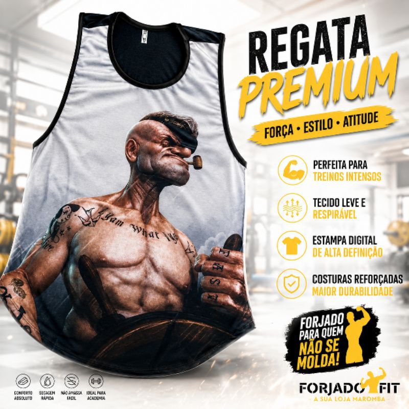 Camisa Regata de Treino Musculação Academia Masculina Machão Popeye Fitness Esportiva Longline