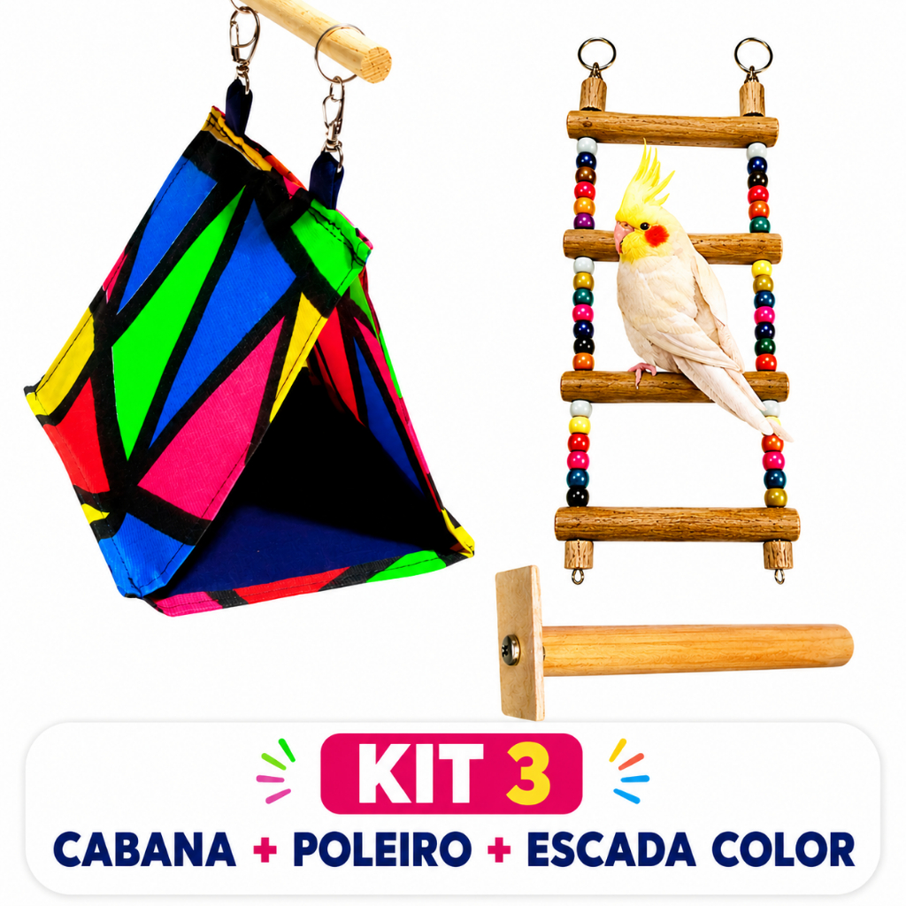 Kit 3 Brinquedos Para Calopsita Cabana + Poleiro + Escada Gaiola Aves Periquito Pássaro.