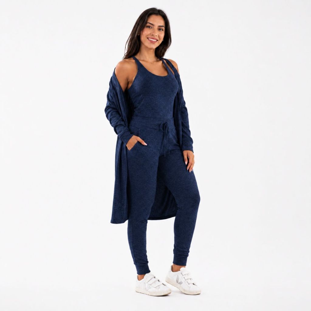 Conjunto Feminino 3 Peças Lanzinha Preto Cardigan Regata e Calça Jogger Inverno Confortável