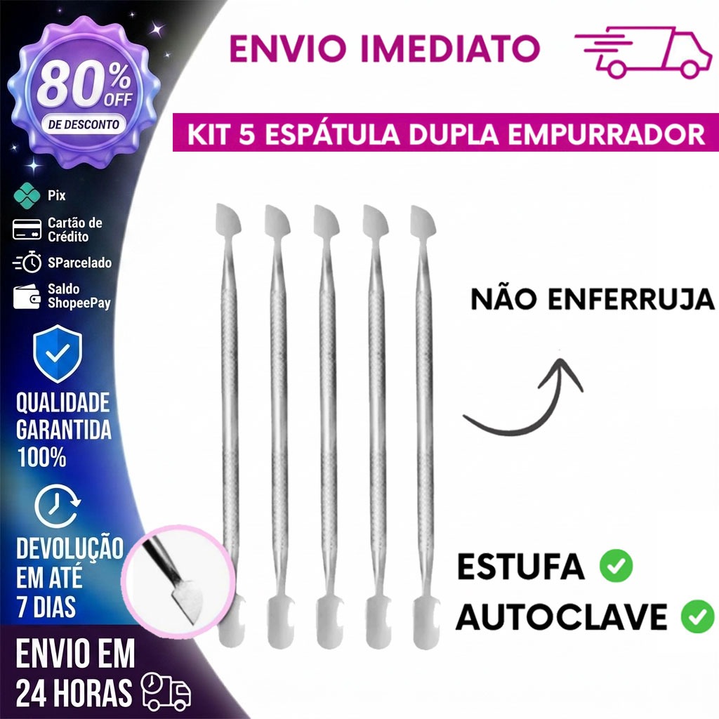 Kit 5 Espátulas Proficional Aço Inox para Manicure - Pedicure Podologia