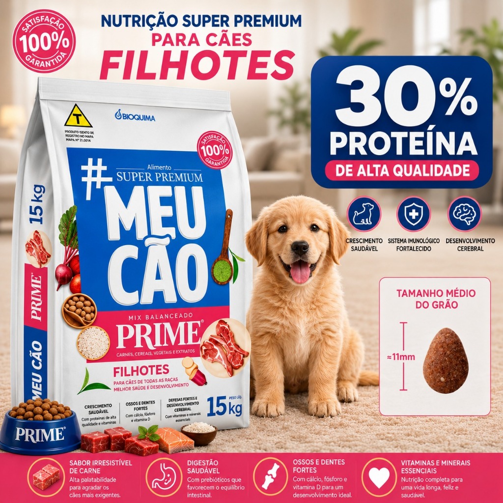 Ração Meu Cão Prime Filhote 15kg Super Premium Sabor Carnes Nobres