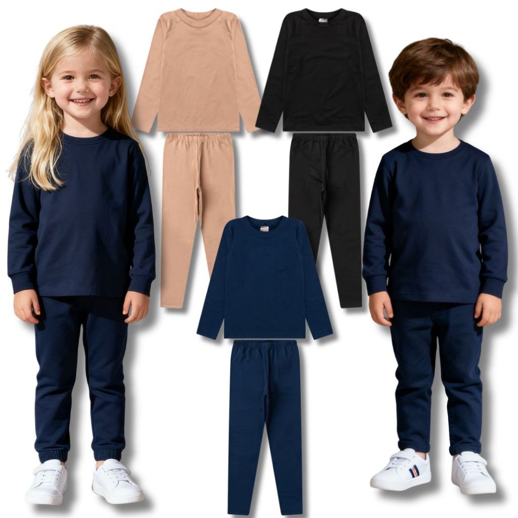 Kit 2 Conjunto Térmico Peluciado Liso Unissex Infantil e Juvenil - Blusa Manga Longa + Calça Inverno