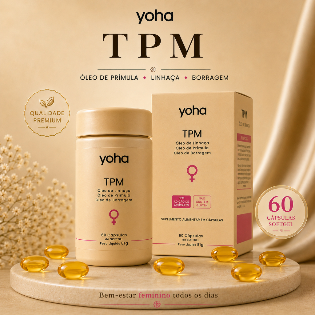 TPM Yoha 60 Cápsulas Softgel Óleo Prímula Linhaça Borragem Equilíbrio Feminino B