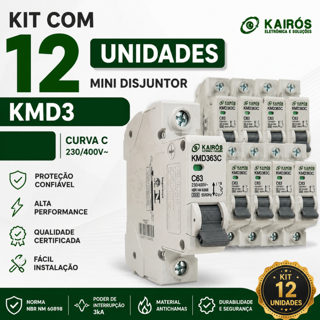 Kit 12 Mini Disjuntor Monopolar Monofásico 1P - 3kA Curva C Din 6a A 63a Atacado