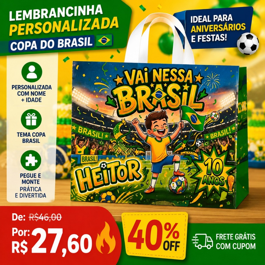 Sacolinha Pegue e Monte Personalizada Copa Futebol Brasil | Lembrancinha Infantil | Tema Copa | Nome + Idade