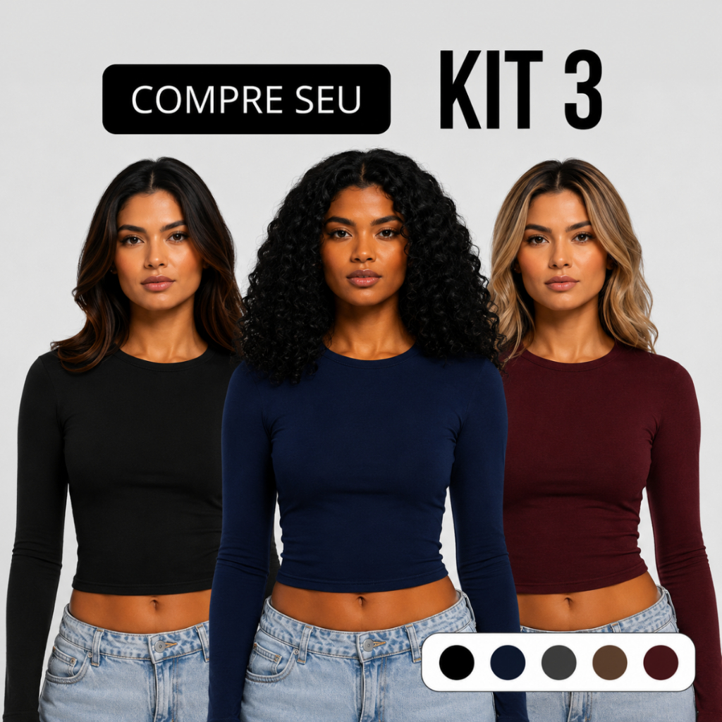 KIT 3 Blusas Feminina de Manga Longa Casual Meia Estação Varias Cores