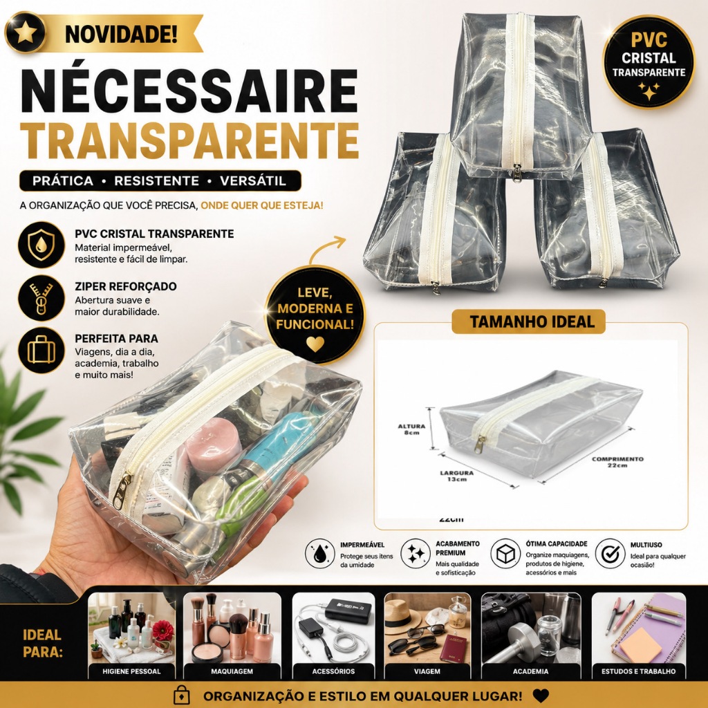 Estojo Nécessaire Pvc Cristal Transparente Resistente a Água, Bolsa Organizadora Para Viagens, Academia Escolar Etc