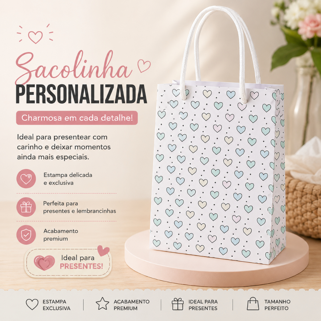 Sacolinha Personalizada para Presente | Premium c/ Alça | Lembrancinha Delicada -  Envio em até 24h
