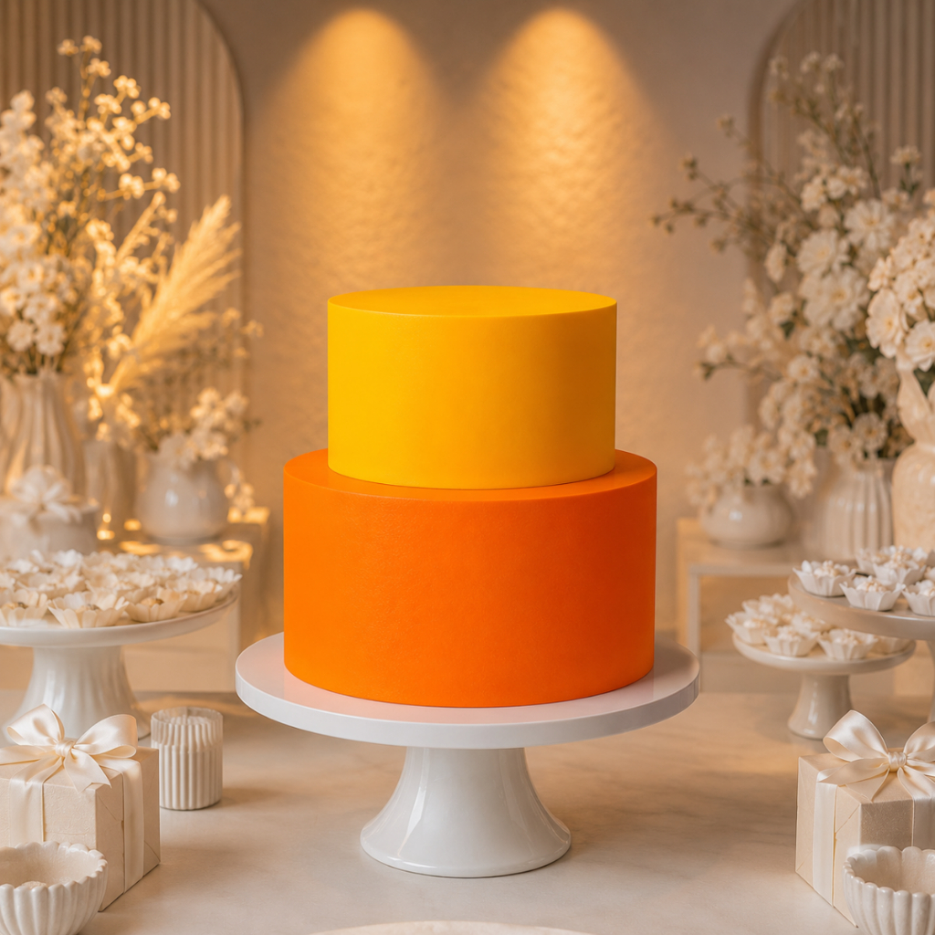 Bolo Fake Tardezinha Laranja e Amarelo Decorativo Festa Cenográfica EVA Reutilizável