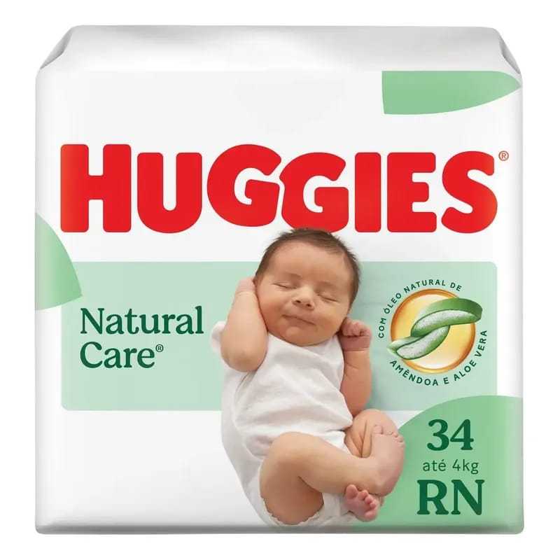 Huggies Fralda Descartável Premium Natural Care RN 34 Unidades – Fralda RN Até 4kg com Aloe Vera e Óleo Natural